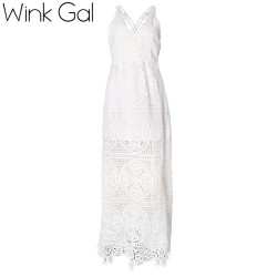 Wink Gal Bohemian Women Dress  Hollow out Spaghetti Strap Sexy White Evening Party Lace Dresses Maxi Dress D0085