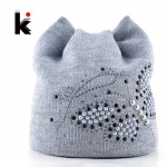 Winter Cat Beanie Hat Ladies Knit Hats For Women Beanies Caps Pearls Butterfly Diamond Beanie Touca Knitted Cap With Ear Flaps