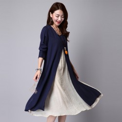 Winter Dress Long Sleeve Plus Size L~2XL Linen Cotton Vintage Dress Two Piece Solid Color O Neck Maxi Dress Casual Vestidos