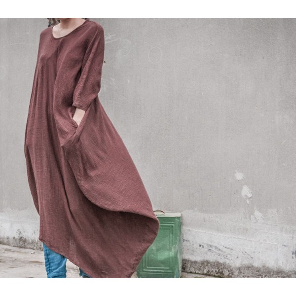 Winter Dress Long Sleeve Solid Color Cofee Red Blue Women Full Dress Cotton Linen Women Dress Plus Size Casual Maxi Dresses