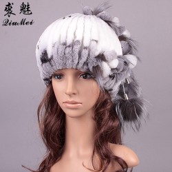 Winter Fur Hats Knitted Rex Rabbit Fur Fluffy Ball Design Hat Girls Casual Warm Lovely Caps Beanies Women New Russian Hat 2016