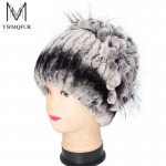 Winter fur hat for women real rex rabbit fur hat with silver fox fur flower knitted beanies 2017 new sale high-end women fur cap