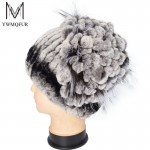 Winter fur hat for women real rex rabbit fur hat with silver fox fur flower knitted beanies 2017 new sale high-end women fur cap