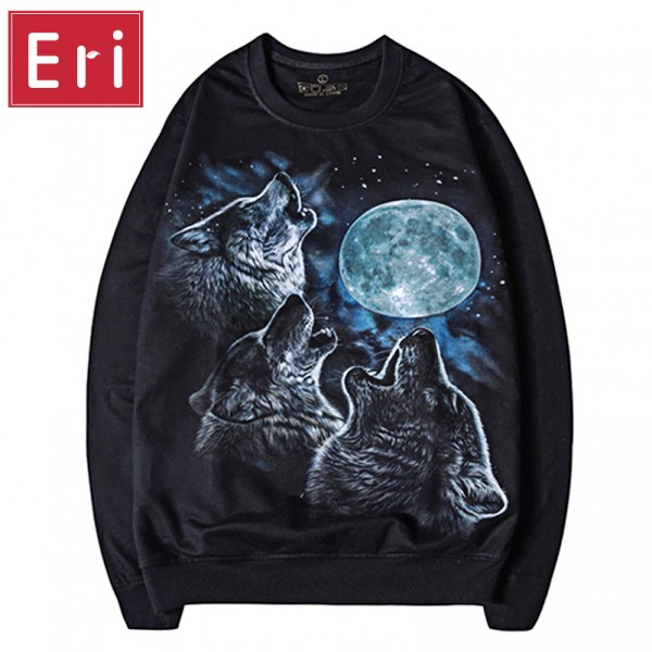 Wolf Pattern Hip Hop Sweatshirt Cotton Hoodies Mens Harajuku Long Sleeve Crewneck Pullovers Tops Couples Clothes Size XXL X286