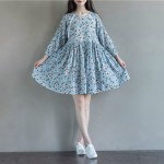 Woman Dress Spring Dresses Long Sleeve Blue Yellow Floral Dress O Neck High Waist Mori Gril Lolita Dress