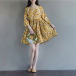 Woman Dress Spring Dresses Long Sleeve Blue Yellow Floral Dress O Neck High Waist Mori Gril Lolita Dress