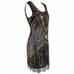 Women 1920s Gatsby Themed Party Dress Vintage Flapper Girl Sequined Beaded Back Deep V Sleeveless Black Backless Summer Dress 