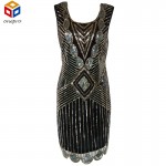 Women 1920s Gatsby Themed Party Dress Vintage Flapper Girl Sequined Beaded Back Deep V Sleeveless Black Backless Summer Dress 