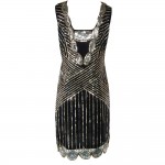 Women 1920s Gatsby Themed Party Dress Vintage Flapper Girl Sequined Beaded Back Deep V Sleeveless Black Backless Summer Dress 