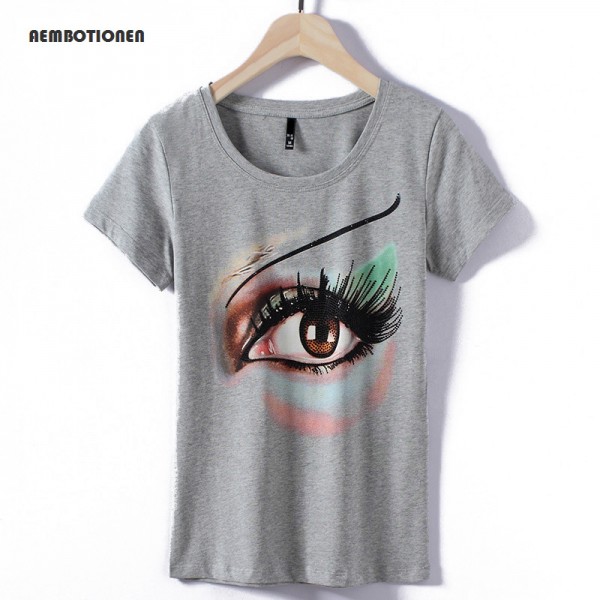 Women 2017 Summer Short Sleeve diamond eyelash Print T shirts Fashion slim White black Top Tees Women Designer Clothing