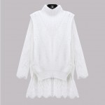 Women Autumn 2 Piece Sweater Lace Dress Female Vintage Midi Rabbit/Angora Hair Knit Pullover& Long Sleeves Lace Two-piece Dress