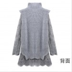 Women Autumn 2 Piece Sweater Lace Dress Female Vintage Midi Rabbit/Angora Hair Knit Pullover& Long Sleeves Lace Two-piece Dress