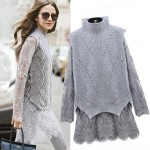 Women Autumn 2 Piece Sweater Lace Dress Female Vintage Midi Rabbit/Angora Hair Knit Pullover& Long Sleeves Lace Two-piece Dress