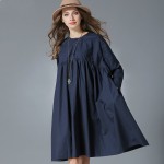 Women Autumn Big Size Clothing Blue Long Sleeve Pleated Swing Babydoll Oversize Shirt Dress xl-4xl