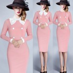 Women Autumn Pencil Dress 2017 New O-Neck Solid Pink Elegant Noble Party Dress Full sleeve Mid Calf  Lady Dresses Clothing