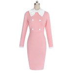 Women Autumn Pencil Dress 2017 New O-Neck Solid Pink Elegant Noble Party Dress Full sleeve Mid Calf  Lady Dresses Clothing