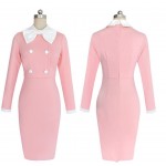Women Autumn Pencil Dress 2017 New O-Neck Solid Pink Elegant Noble Party Dress Full sleeve Mid Calf  Lady Dresses Clothing