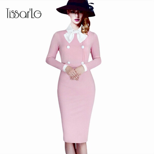 Women Autumn Pencil Dress 2017 New O-Neck Solid Pink Elegant Noble Party Dress Full sleeve Mid Calf  Lady Dresses Clothing