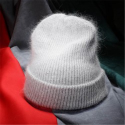 Women Autumn Winter Warm Rabbit Fur Knitted Beanies Thick Double Layer Wool Skullies Female Hat