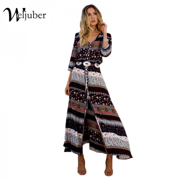 Women Beach Boho Maxi Dress 2017 Summer High Quality Brand V-neck Print Vintage Long Dresses Feminine Plus Size Weljuber