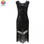 Women Black 1920s Vintage Gatsby Flapper Dress Art Nouveau Deco Sequin Beaded Fringe Fancy Costumes Summer Party Dress Vestido