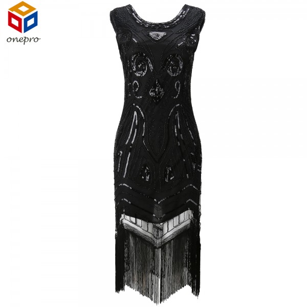 Women Black 1920s Vintage Gatsby Flapper Dress Art Nouveau Deco Sequin Beaded Fringe Fancy Costumes Summer Party Dress Vestido