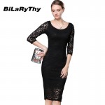 Women Black Lace Autumn Dress Ladies Three Quarter Pencil Wrap Celebrity Elegant Midi Bodycon Party Bandage Dresses Plus Size