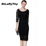 Women Black Lace Autumn Dress Ladies Three Quarter Pencil Wrap Celebrity Elegant Midi Bodycon Party Bandage Dresses Plus Size