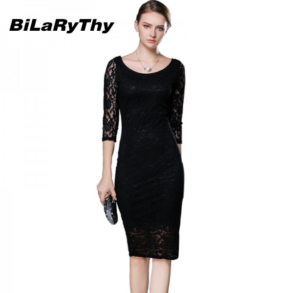 Women Black Lace Autumn Dress Ladies Three Quarter Pencil Wrap Celebrity Elegant Midi Bodycon Party Bandage Dresses Plus Size