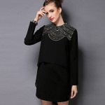 Women Black Long Sleeve Mock Neck Asymmetrical Embellished Dress Size S-5XL