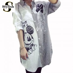 Women Blouse Shirt Long Sleeve 2017 New Fashion Spring Summer Cartoon Mouse Sequined Striped Tops Loose Casual Womans Cloth 2016