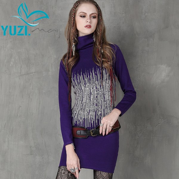 Women Dress 2017 Yuzi Casual Winter New Cotton Wool Dresses Long Sleeve Turtleneck Color Block Vestido A6069 Vestidos Femininos