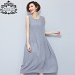 Women Dress Big Size Draped Striped Print Cotton Fashion Casual Female Tops Solid Show Thin Vest Elegant Midi Sundress Dresses