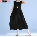Women Dress Big Size Draped Striped Print Cotton Fashion Casual Female Tops Solid Show Thin Vest Elegant Midi Sundress Dresses