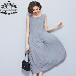 Women Dress Big Size Draped Striped Print Cotton Fashion Casual Female Tops Solid Show Thin Vest Elegant Midi Sundress Dresses