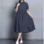 Women Dress Cotton Linen Dot Print Long Sleeve Dress Blue Color Turn Down Collar Plus Size Women Clothing Casual Loose Dresses