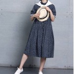 Women Dress Cotton Linen Dot Print Long Sleeve Dress Blue Color Turn Down Collar Plus Size Women Clothing Casual Loose Dresses