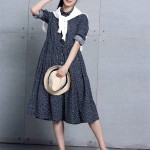 Women Dress Cotton Linen Dot Print Long Sleeve Dress Blue Color Turn Down Collar Plus Size Women Clothing Casual Loose Dresses