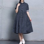 Women Dress Cotton Linen Dot Print Long Sleeve Dress Blue Color Turn Down Collar Plus Size Women Clothing Casual Loose Dresses