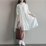 Women Dress Long Sleeve Dress White Stripped A Line Turn Down Collar Mori Gril Cotton Casual Dress Size M-2XL