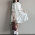 Women Dress Long Sleeve Dress White Stripped A Line Turn Down Collar Mori Gril Cotton Casual Dress Size M-2XL