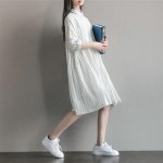 Women Dress Long Sleeve Dress White Stripped A Line Turn Down Collar Mori Gril Cotton Casual Dress Size M-2XL