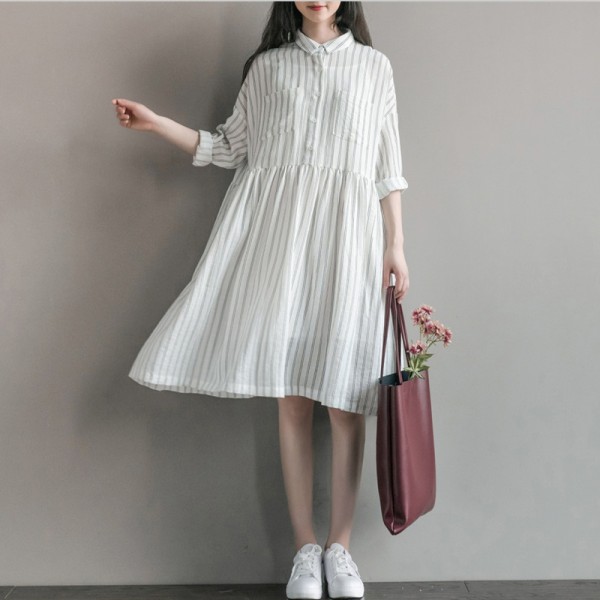 Women Dress Long Sleeve Dress White Stripped A Line Turn Down Collar Mori Gril Cotton Casual Dress Size M-2XL