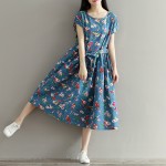 Women Dress Mori Girl Short Sleeve Floral Print A Line Dress Blue Color High Waist O Neck Cotton Linen Summer Dress Plus Size