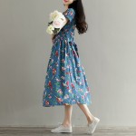 Women Dress Mori Girl Short Sleeve Floral Print A Line Dress Blue Color High Waist O Neck Cotton Linen Summer Dress Plus Size