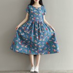 Women Dress Mori Girl Short Sleeve Floral Print A Line Dress Blue Color High Waist O Neck Cotton Linen Summer Dress Plus Size