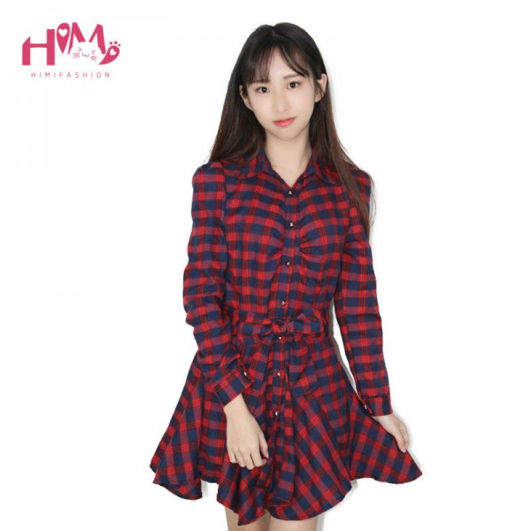 Women Dress Red Autumn Summer Retro Long Sleeve Sexy Mini Slim Dress With Waist Belt Red Plaid Lapel Shirt Dresses Size S-XXL