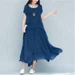 Women Dress Short Sleeve O Neck Cotton Linen Dress Solid Color Casual Loose Long Dress Plus Size Women Clothing Vintage Dress