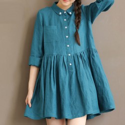 Women Dress Solid Bue Spring Dress Square Collar Cotton Dress Loose Dress vestidos de festa Size M-2XL