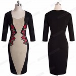 Women Elegant Colorblock Contrast Vintage Classic Embroidery Bodycon Pencil Dress EB359